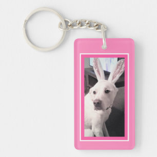 Cute White Puppy Dog With Easter Bunny Ears Pink Key Ring