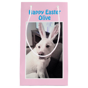 Cute White Puppy Dog With Easter Bunny Ears Pink Small Gift Bag