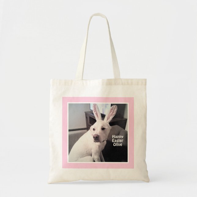 Cute White Puppy Dog With Easter Bunny Ears Pink Tote Bag (Front)