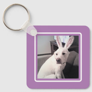 Cute White Puppy Dog With Easter Bunny Ears Purple Key Ring