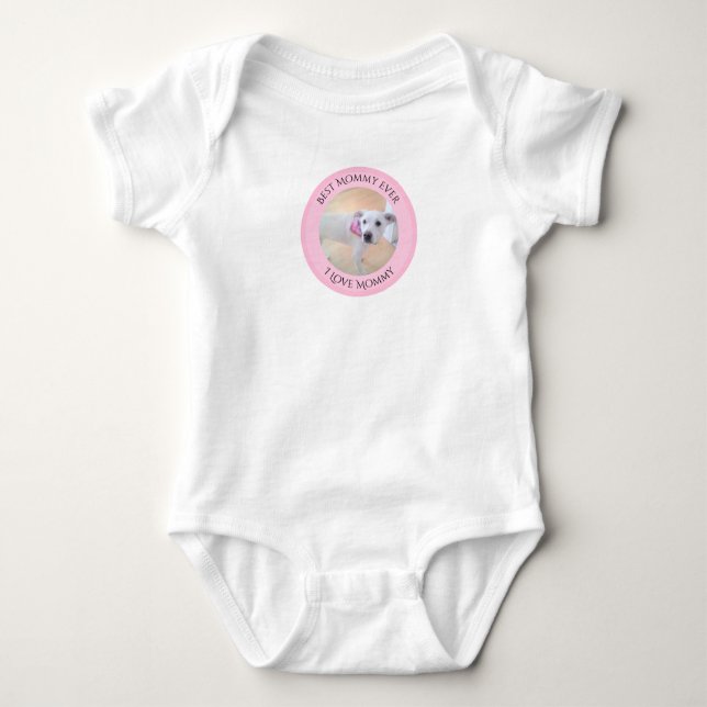 Cute White Puppy Dog With Sweet Face and Eyes Pink Baby Bodysuit (Front)