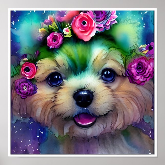 Cute White Puppy with Flowers in Its Head  Poster (Front)