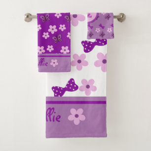 Cute White Purple Pink Floral Butterflies Bow Kids Bath Towel Set