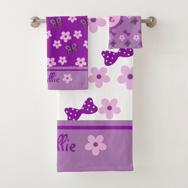 Cute White Purple Pink Floral Butterfly Bow Kid's Bath Towel Set (Insitu)