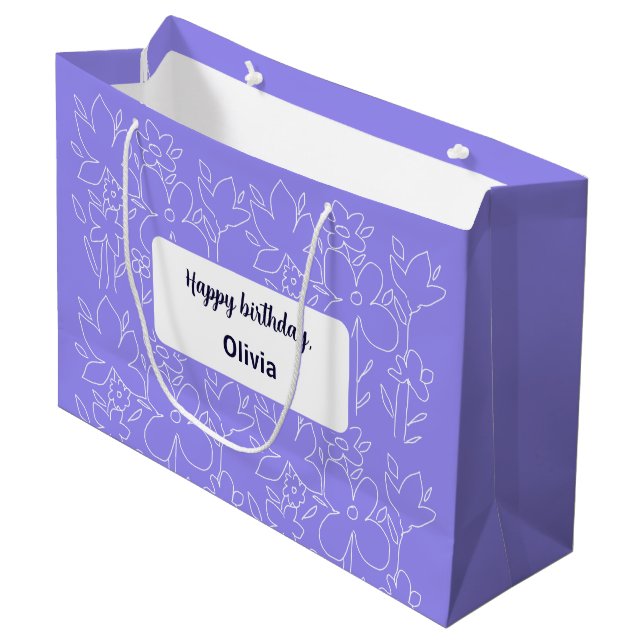 Cute White Purple Wildflowers Monogrammed Large Gift Bag (Front Angled)