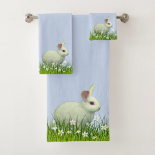 Cute White Rabbit & Flowers on Light Blue Bath Towel Set