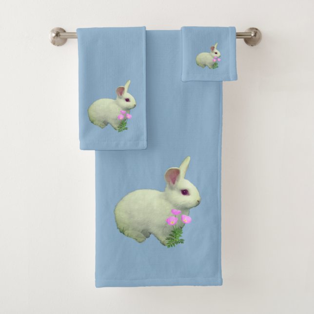 Cute White Rabbit on Wondrous Light Blue Bath Towel Set (Insitu)