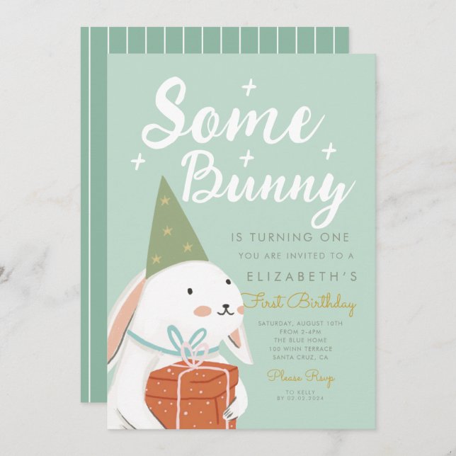 Cute White Rabbit Some Bunny is turning One Bday Invitation (Front/Back)