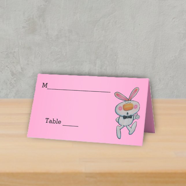 Cute White Rabbit Thumbs Up Bow Tie Pink Place Card (cute white bunny bow tie thumbs up sign on hot pink table standing place card.)