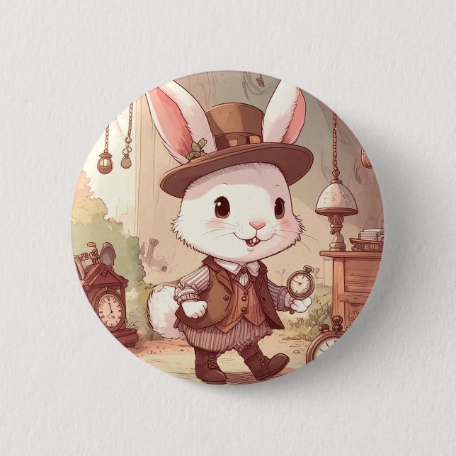 Cute White Rabbit Wonderland Whimsical Timekeeper 6 Cm Round Badge (Front)