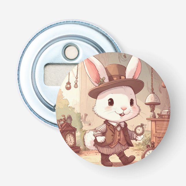 Cute White Rabbit Wonderland Whimsical Timekeeper Bottle Opener (Front)