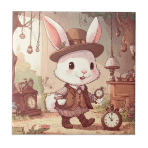 Cute White Rabbit Wonderland Whimsical Timekeeper Ceramic Tile