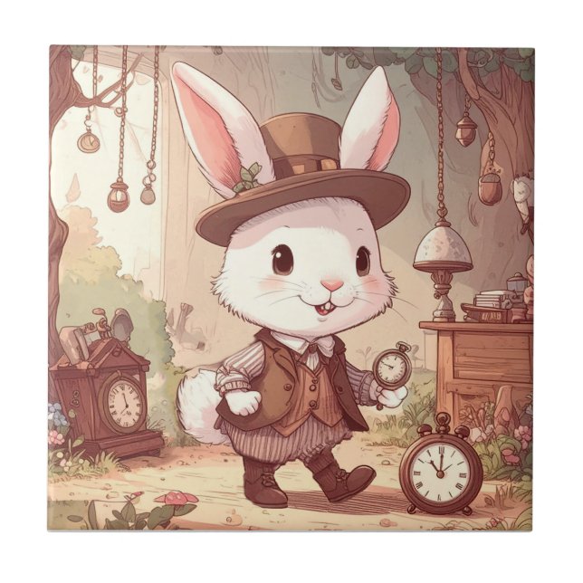 Cute White Rabbit Wonderland Whimsical Timekeeper Ceramic Tile (Front)