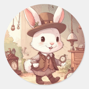 Cute White Rabbit Wonderland Whimsical Timekeeper Classic Round Sticker