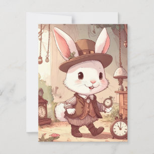 Cute White Rabbit Wonderland Whimsical Timekeeper Postcard