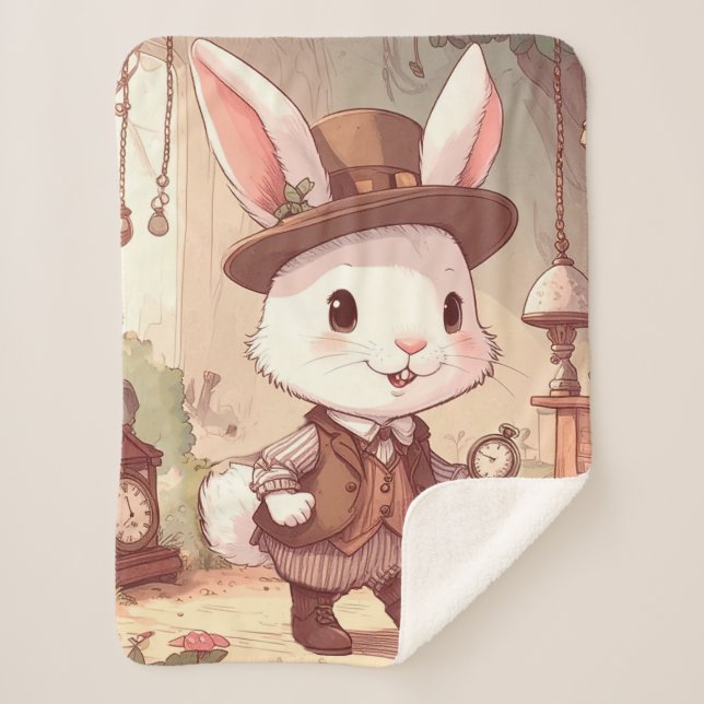 Cute White Rabbit Wonderland Whimsical Timekeeper Sherpa Blanket (Front)