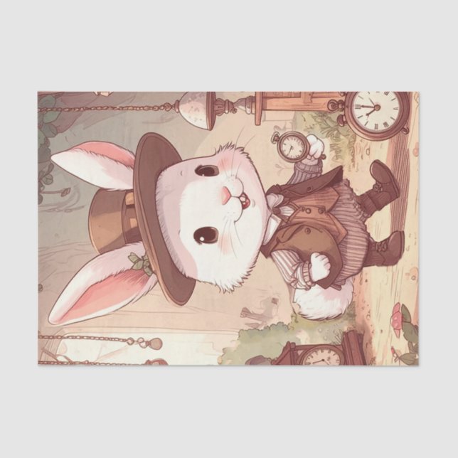 Cute White Rabbit Wonderland Whimsical Timekeeper Tissue Paper (Front)