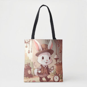 Cute White Rabbit Wonderland Whimsical Timekeeper Tote Bag