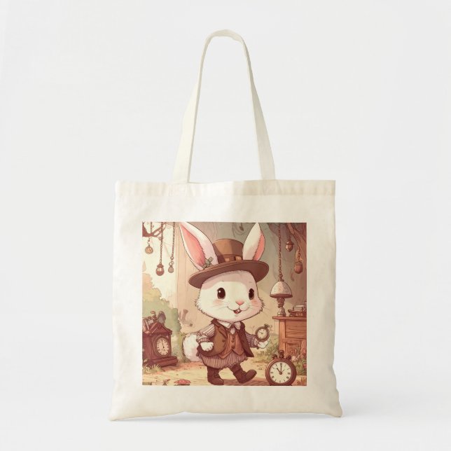 Cute White Rabbit Wonderland Whimsical Timekeeper Tote Bag (Front)