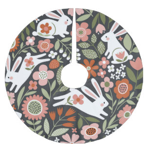 Cute white rabbits, floral vintage pattern. brushed polyester tree skirt