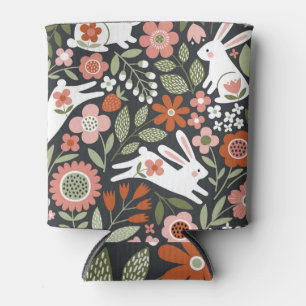 Cute white rabbits, floral vintage pattern. can cooler