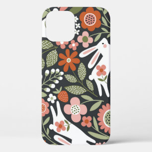 Cute white rabbits, floral vintage pattern. iPhone 12 case