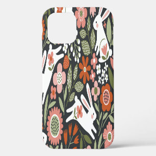 Cute white rabbits, floral vintage pattern. iPhone 12 case