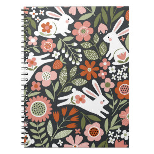 Cute white rabbits, floral vintage pattern. notebook