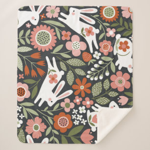 Cute white rabbits, floral vintage pattern. sherpa blanket