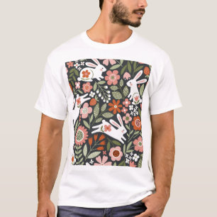 Cute white rabbits, floral vintage pattern. T-Shirt