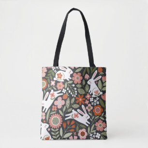 Cute white rabbits, floral vintage pattern. tote bag