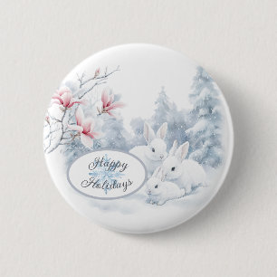 Cute White Rabbits in Snow Winter Holiday 6 Cm Round Badge