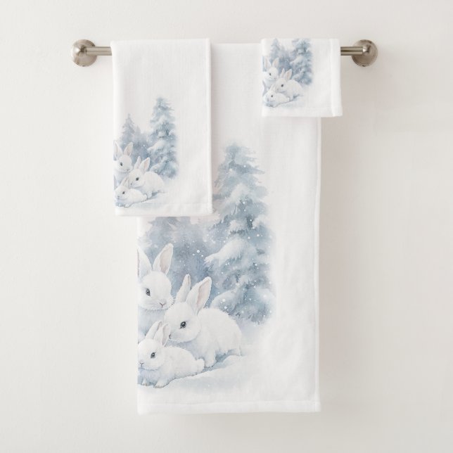 Cute White Rabbits in Snow Winter Holiday Bath Towel Set (Insitu)