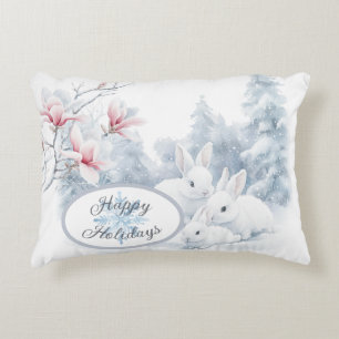 Cute White Rabbits in Snow Winter Holiday Decorative Cushion