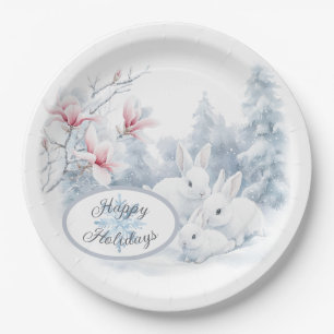 Cute White Rabbits in Snow Winter Holiday Paper Plate