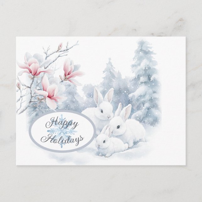 Cute White Rabbits in Snow Winter Holiday Postcard (Front)