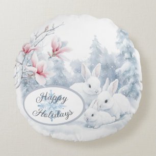 Cute White Rabbits in Snow Winter Holiday Round Cushion
