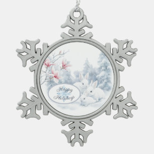 Cute White Rabbits in Snow Winter Holiday Snowflake Pewter Christmas Ornament