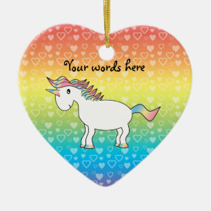 Cute white rainbow unicorn on rainbow hearts ceramic ornament