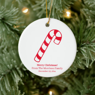 Cute white red candy cane personalised Christmas Ceramic Ornament