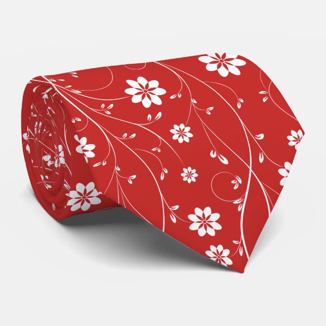 Cute White & Red Delicate Floral Pattern Tie (Rolled)