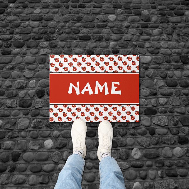 Cute White & Red Ladybugs Pattern Custom Name Doormat (Creator Uploaded)