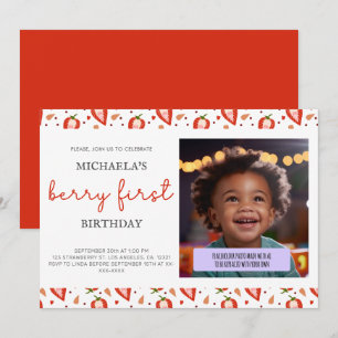 Cute White Red Photo Berry First Birthday Invitation