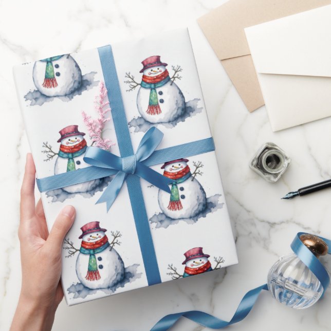 Cute White Red Snowman Christmas Winter Watercolor Wrapping Paper (Gifting)