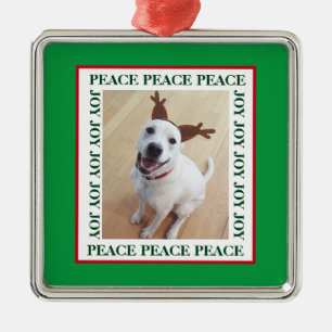 Cute White Reindeer Dog Peace Joy Photo Frame Metal Ornament