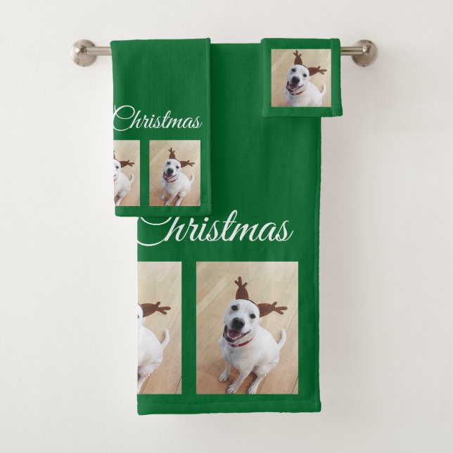 Cute White Reindeer Puppy Dog Christmas Green Bath Towel Set (Insitu)