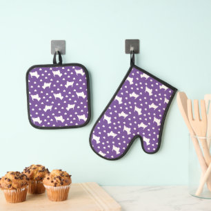 Cute White Scottish Terriers & Hearts on Purple Oven Mitt & Pot Holder Set