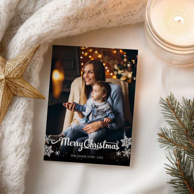 Cute White Script Photo Snowflake Christmas Postcard (Creator Uploaded)