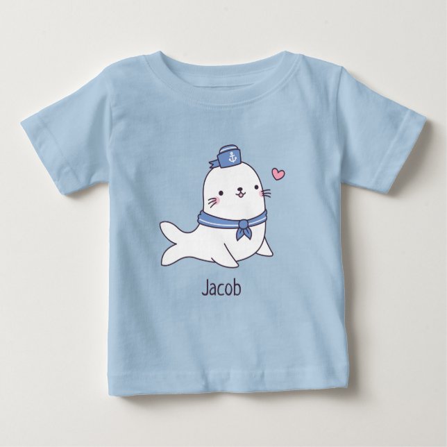 Cute White Seal Pup Sailor Crew Doodle Baby T-Shirt (Front)