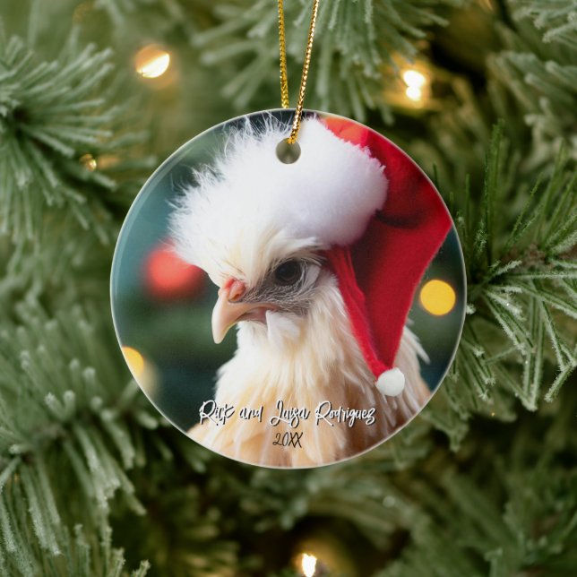 Cute White Silkie Chicken in Santa Hat Christmas Ceramic Ornament (Tree)